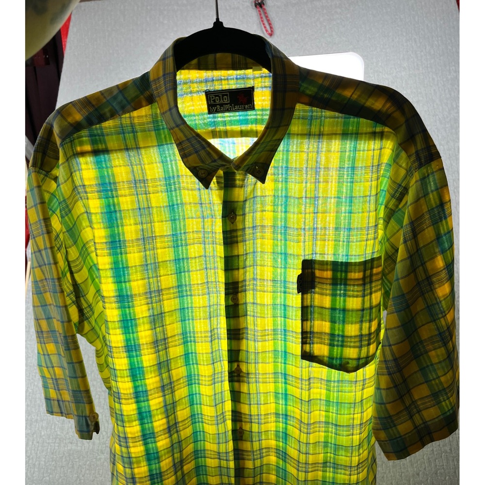 Vintage Polo Ralph Lauren Paper Thin Shirt Men L Plaid Madras Made USA